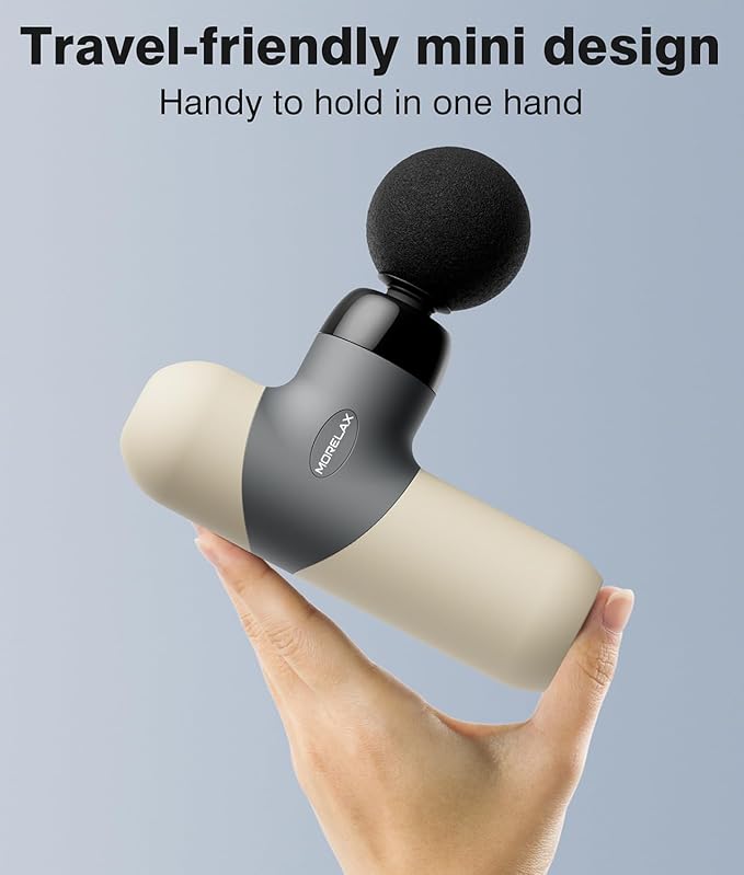 Morelax Mini Massage Gun Deep Tissue, Portable Percussion Muscle Massager for Whole Body Pain Relief, Electric Handheld Sport Massager with 6 Massage Heads 4 Speed, Best Gift (Silver Beige)