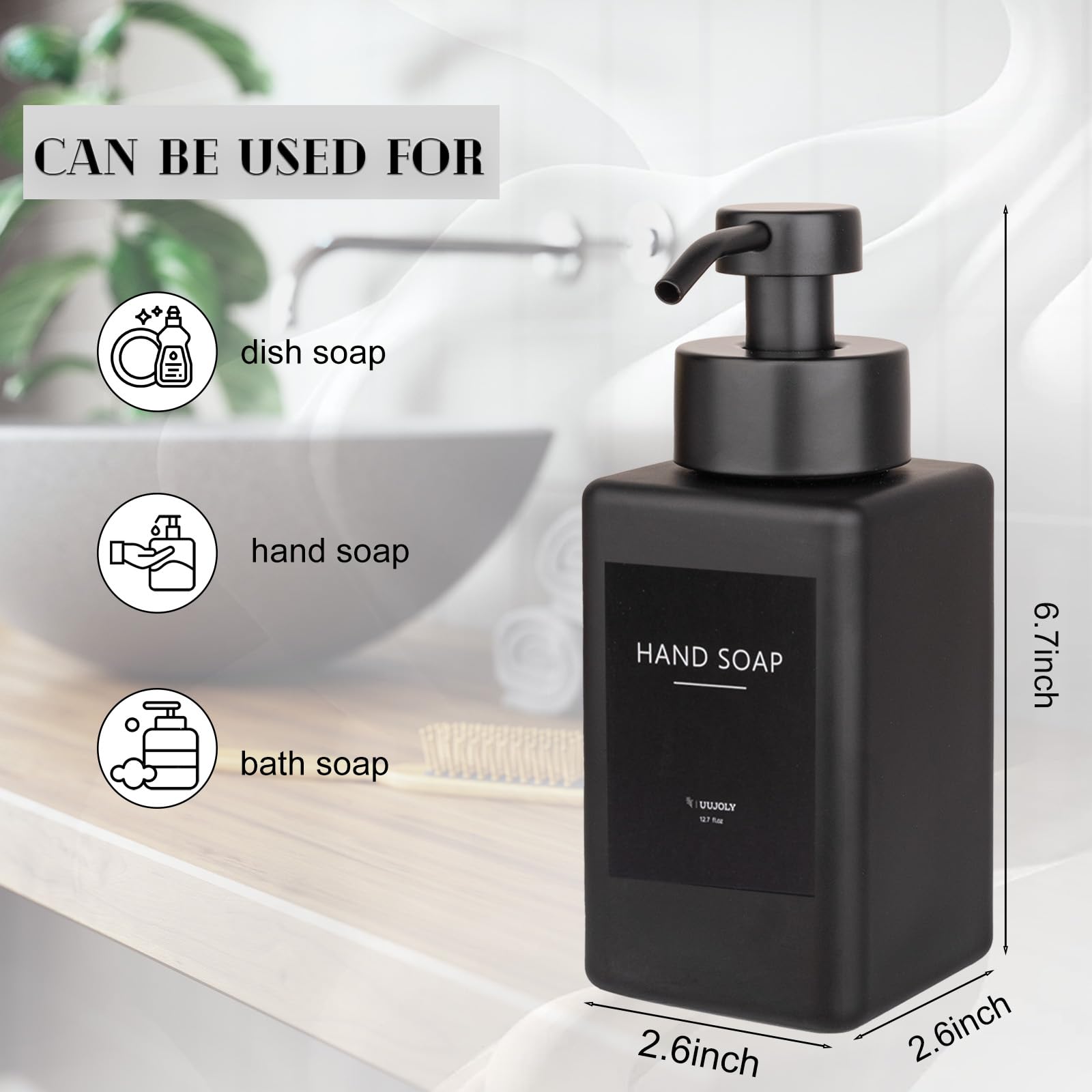 Foaming Soap Dispenser with Stainless Steel Pump, 12oz Refillable Glass Liquid Dish Soap Bottles for Bathroom, Kitchen Sink, Home Decor