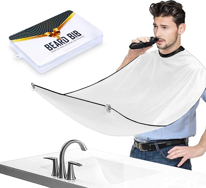 Beard Bib Apron for Men - Beard Trimming Catcher for Shaving with 5Pcs Eyebrow Facial Razors & 3 Suction Cups Waterproof Non-Stick Hair Catcher Grooming Cloth Gifts for Men Him Boyfriend