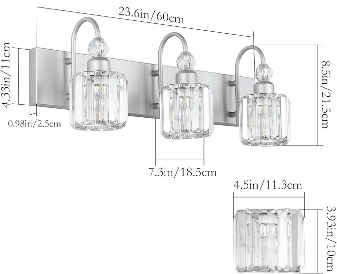 Ralbay Crystal Vanity Light - 3 Light, 24'' Modern Silver Bathroom Vanity Light Fixtures Over Mirror Wall Lights