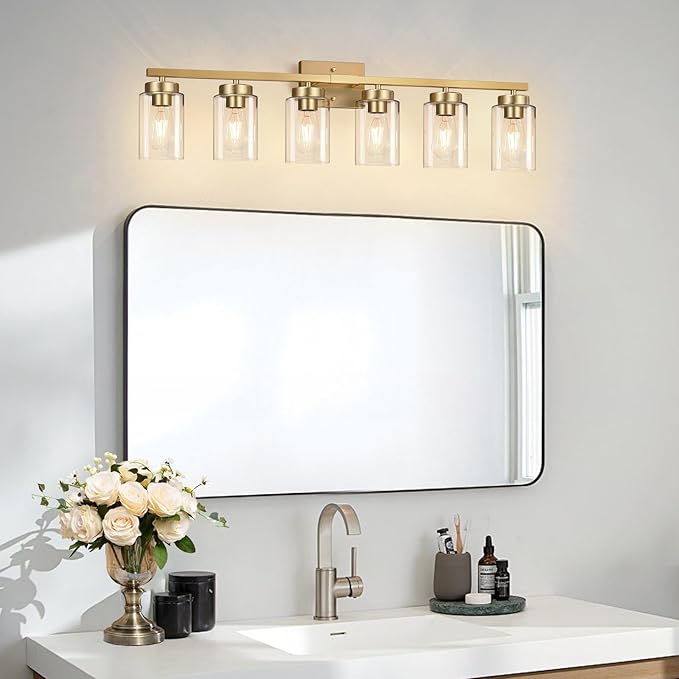 IZORRO Modern Bathroom Light Fixtures, 6 Light Gold Vanity Lights, Bathroom Lightig Fixtures Over Mirror with Clear Glass for Living Room Cabinet