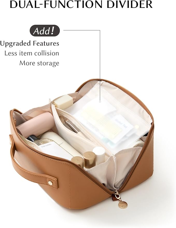 EACHY Travel Makeup Bag, 2.0 Cosmetic Bag for Women, Waterproof PU Leather,Flat Open Portable Toiletry Bag for Skincare, Brushes & Travel Essentials