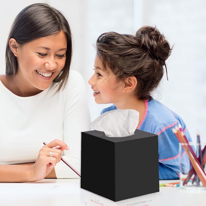 Black Tissue Box Cover – Square Tissue Box Holder for Bathroom Accessories Countertop, Decorative Tissue Cover and Square Cube Holder for Modern Home, Office or Dresser Décor