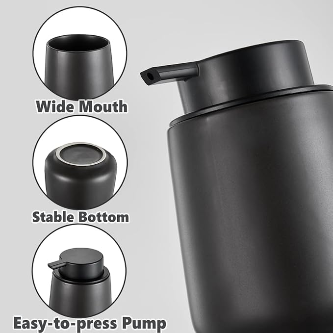 12Oz Hand Soap Dispenser Set - 2 Pack Ceramic Lotion Soap Dispenser Set with Easy-to-Press Black Pump, Refillable Mordern Liquid Dish Soap Dispensers for Bathroom & Kitchen (Black, Liquid Pump)