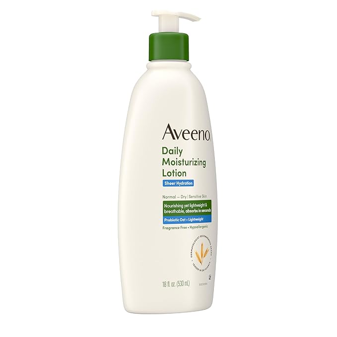 Aveeno Daily Moisturizing Sheer Hydration Fragrance-Free Lotion with Prebiotic Oat for Dry Skin, Lightweight, Non-Greasy and Fast-Absorbing Body Lotion Nourishes Skin with 48-Hour Moisture, 18 Fl Oz
