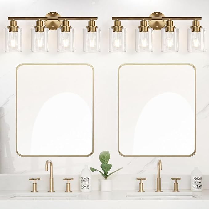 Zarbitta 4-Light Bathroom Light Fixtures, Brushed Brass Modern Vanity Lights with Cyan Glass Shades, Bathroom Wall Lamp for Mirror Kitchen Living Room
