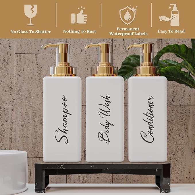 Akalin Refillable Shampoo and Conditioner Bottles, 16oz White and Gold Soap Dispenser Bathroom, Shampoo and Conditioner Dispenser for Bathroom Lotion Body Wash Massage Oils (White)