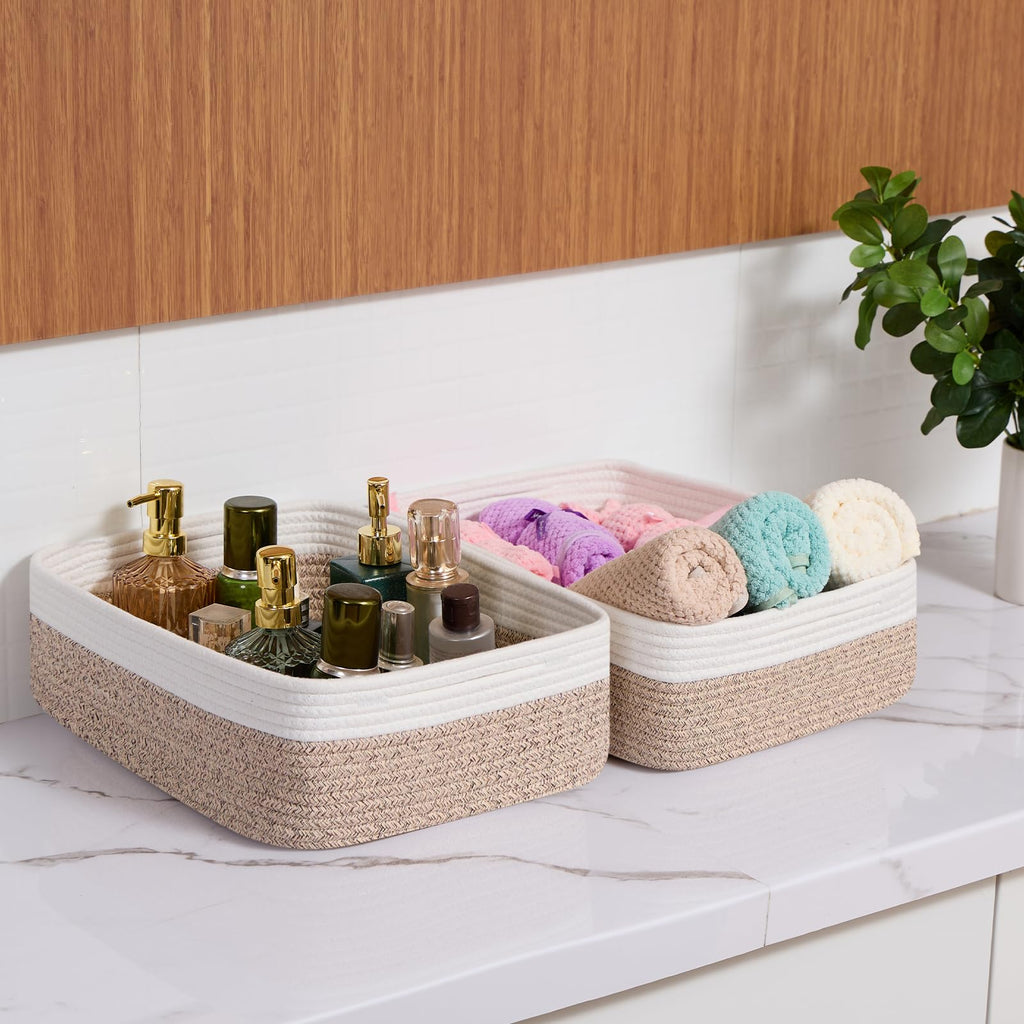 MiniArk Large Shallow Organizing Baskets 15x11x5.1 Inches - Rope Woven Storage Bins for Bathroom, Shelves, Cube Closet, White Mixed Brown 2 Packs