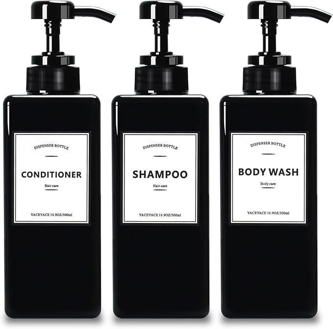 Black Shampoo Dispenser with Pump,YACEYACE 16.9oz Set of 3 Shampoo Bottles with Labels, Empty Refillable Shampoo and Conditioner Bottles, Body Wash Dispenser for Shower, Soap Dispenser Shower