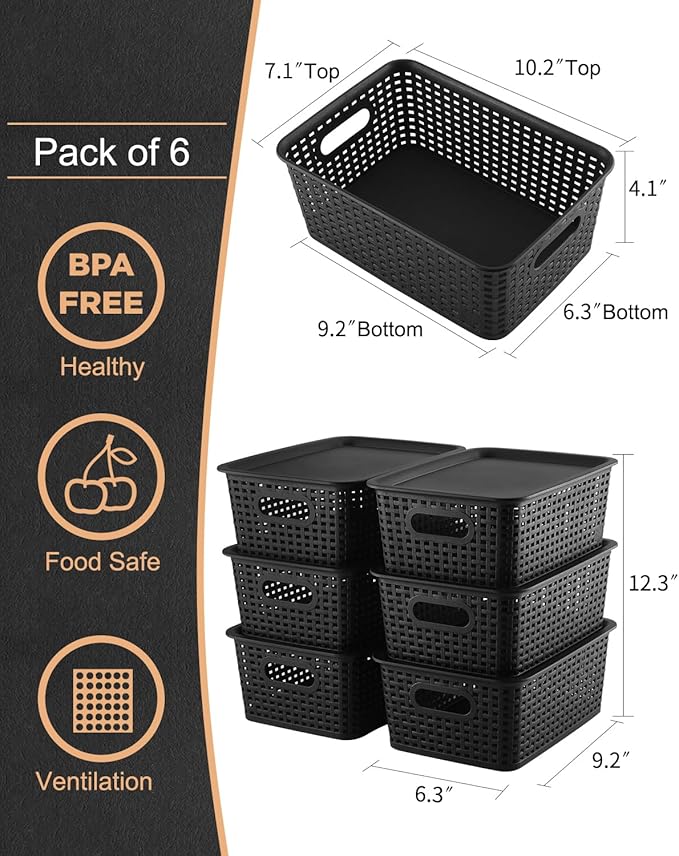 Storage Bins Plastic Storage Baskets With Lid Small Baskets for Organizing Stackable Storage Container Organizer Bins for Shelves Drawers Desktop Playroom Classroom Office, 6 Pack,Black