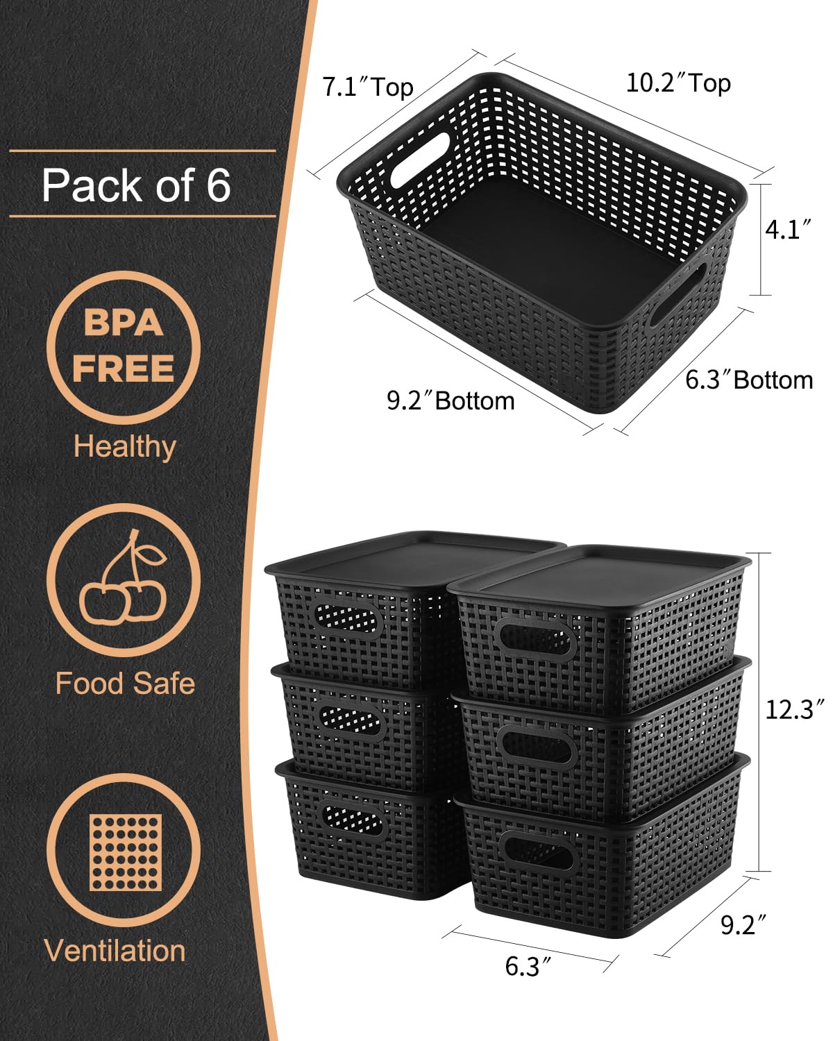 Storage Bins Plastic Storage Baskets With Lid Small Baskets for Organizing Stackable Storage Container Organizer Bins for Shelves Drawers Desktop Playroom Classroom Office, 6 Pack,Black