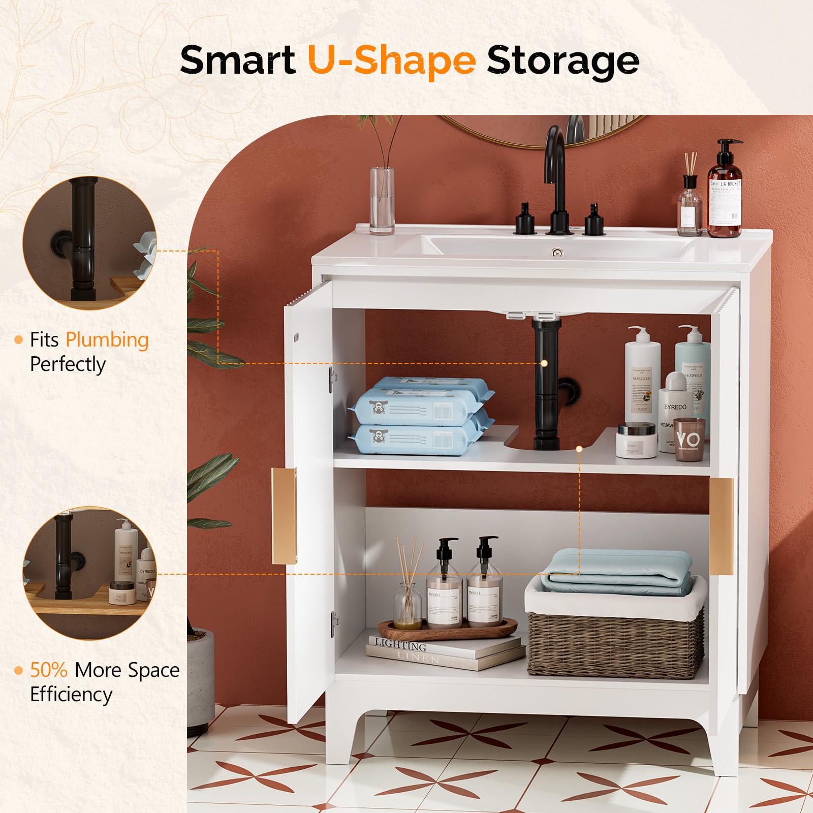 VINGLI 30 Inch Bathroom Vanity with Sink, Modern White Freestanding Cabinet with Ceramic Top, Fluted Soft-Close Doors & Gold Handles, U-Shape Storage for Small Bathroom