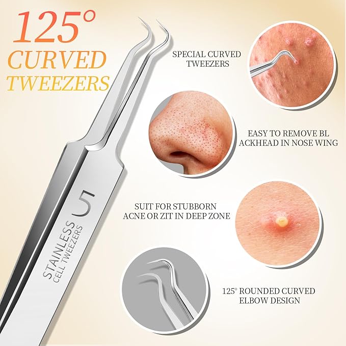 Teenitor 4 Pcs Professional Blackhead Tweezers and Pimple Popper Tool Kit, Stainless Steel Cell Tweezers for Blackhead, Pimple, Whitehead, Ance