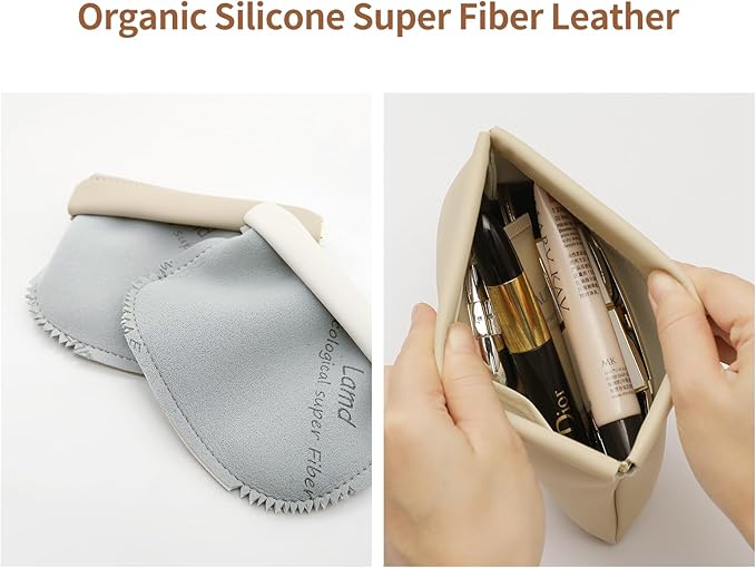 MEIBOOCH 2 Pack Small Makeup Bag for Women, New Organosilicon Super Fiber PU Leather Mini Cosmetic Bag for Travel, Coin Purse Organizer Storage Pouch (Printed with Phrase, Beige)