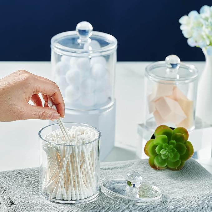 SheeChung 2 Pack Clear Acrylic Qtip Holder- Apothecary Jars for Bathroom Organization - Vanity Storage Canisters for Cotton Swabs,Balls,Pads(10oz&12oz)