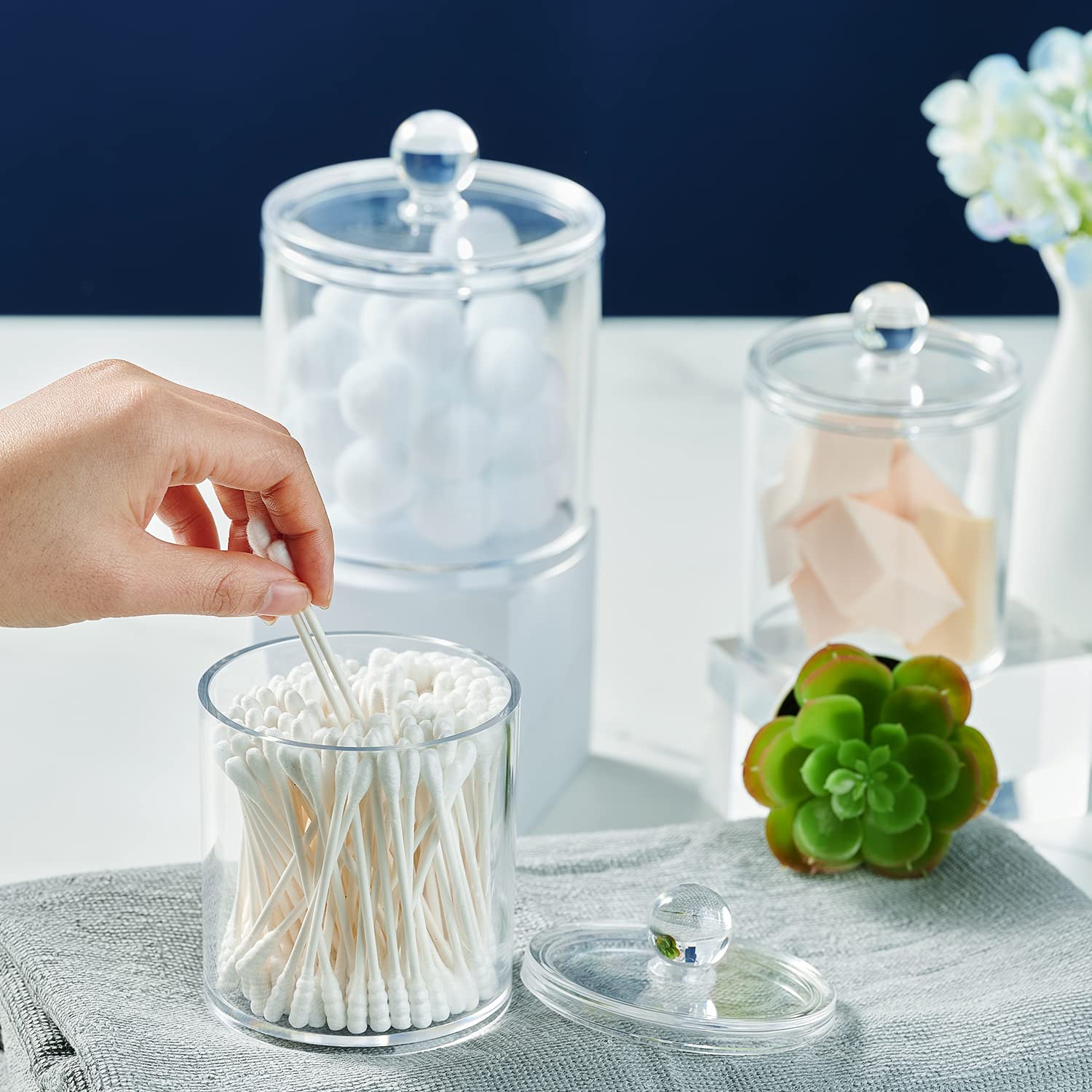 SheeChung 3 PCS Qtip Holder Bathroom Set with Tray, Acrylic Apothecary Jars