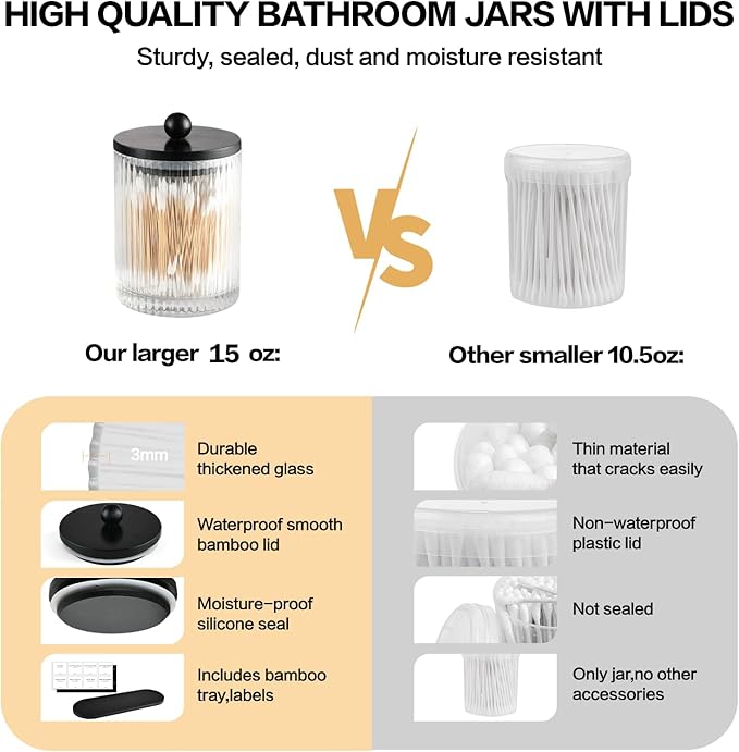 3 Pack Qtip Holder Bathroom Set,Cotton Pad Ball Swab Holder Cotton Round Floss Pick Dispenser with Tray,Glass Apothecary Jars with Black Lids,Bathroom Organizers and Storage Canisters
