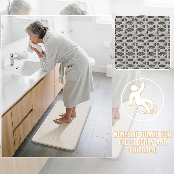Yimobra U-Shaped Toilet Bath Mat Set 2 Piece - Soft Absorbent Quick Dry Memory Foam Bathroom Rugs, Machine Washable Non Slip Floor Carpet for Tub Shower & Single Sink (17x24 & 24x20, Cream White)