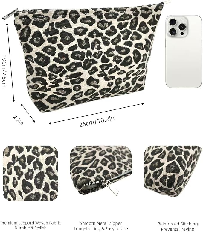 RIKMOXR Brown Leopard Canvas Makeup Bag Organizer for Women & Girls - Large Capacity Travel Toiletry Pouch | Purse Organizer Cosmetic Zipper Bag