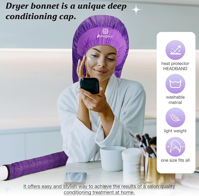 Bonnet Hair Dryer Attachment - Bonnet Hood Dryer with Headband That Reduces Heat Around Ears and Neck, Use for Hair Styling, Hair Drying, Curling and Deep Conditioning (Purple)