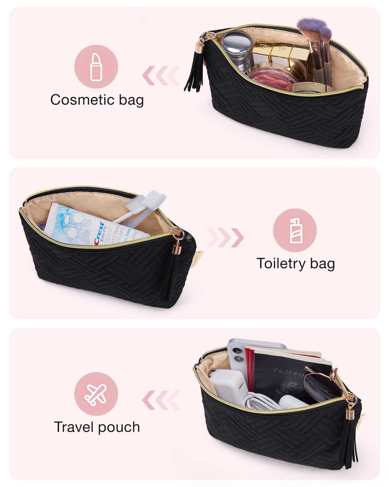 BAGSMART Small Makeup Bag, Elegant Cosmetic Pouch with Tassel, Soft Water-Resistant Travel Organizer for Women, Cosmetics & Everyday Essentials, Black