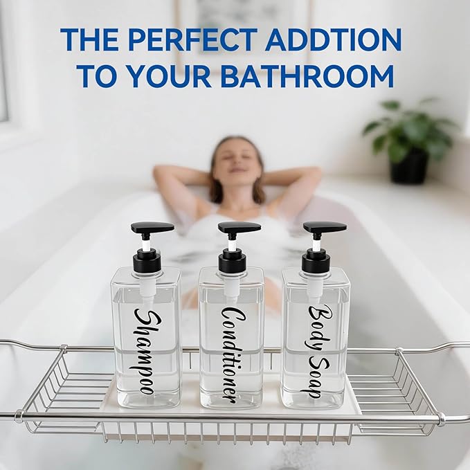 AUMIO 16.9oz Clear Shampoo and Conditioner Dispenser Set of 3, Refillable Empty Shampoo Bottles with Pump for Shower, Printed Plastic Soap Dispenser for Bathroom, Rectangular Body Wash Container Sets