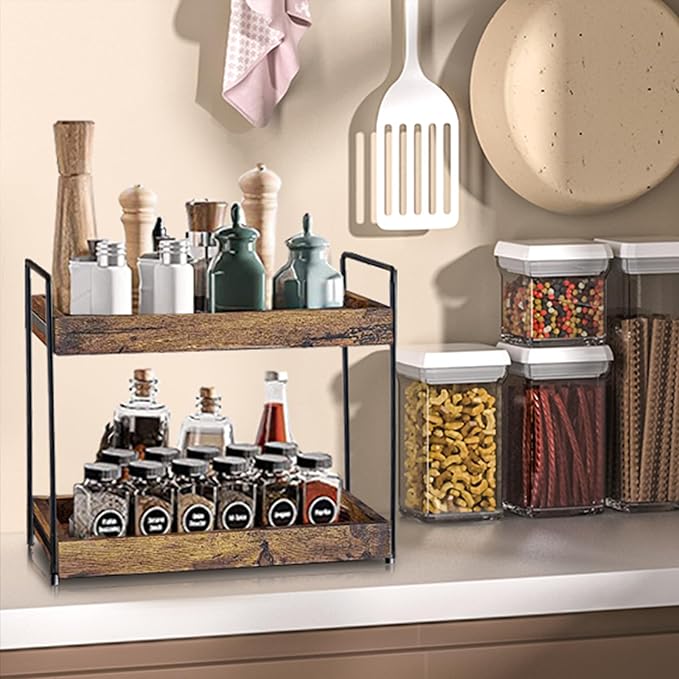 2 Tier Bathroom Counter Organizer Wood Bathroom Storage Shelf Spice Rack for Kitchen Countertop Vanity Tray Makeup Storage Coffee Station Organizer-Rustic Brown