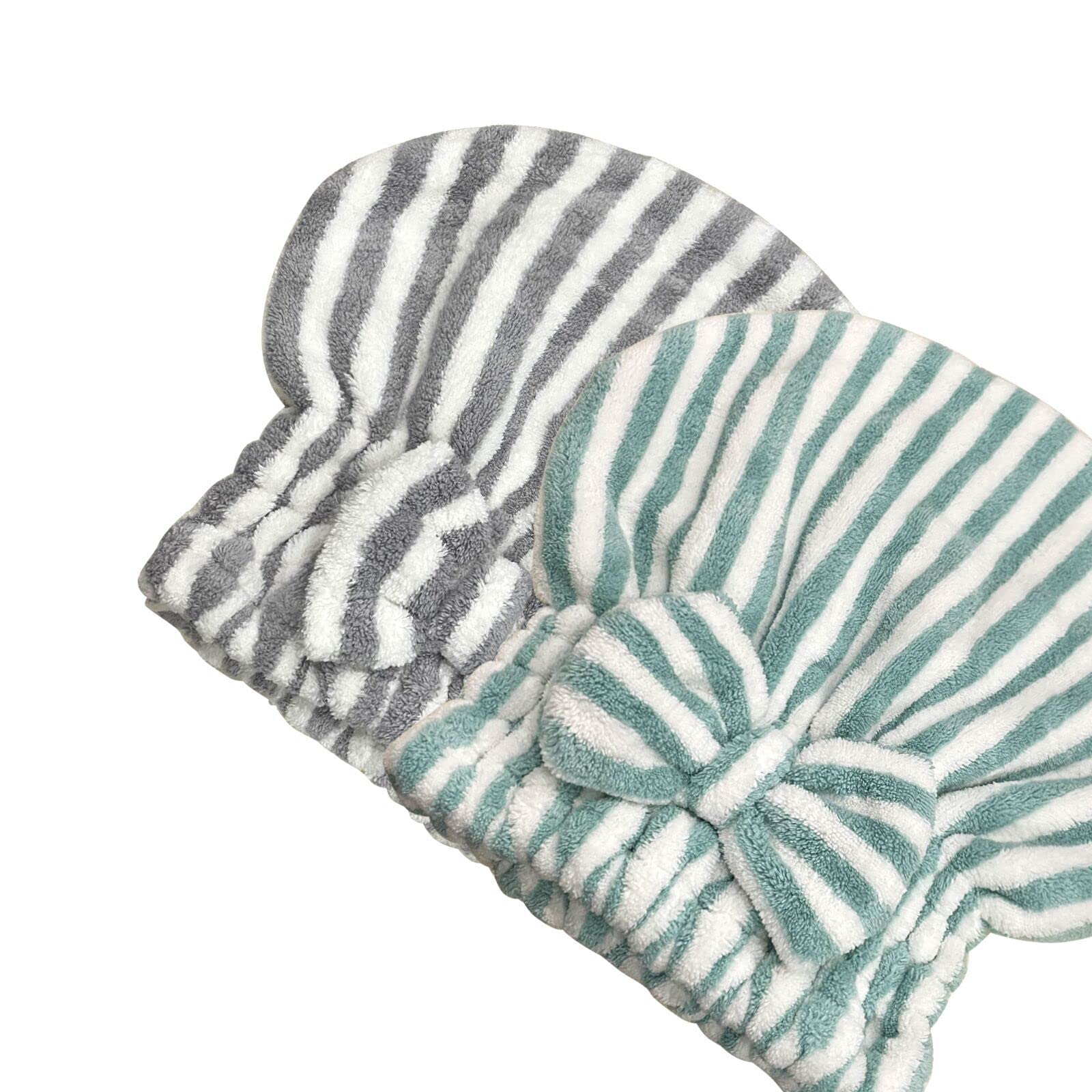 Jseng 2PC Microfiber Hair Drying Caps Stripe, Extreme Soft & Ultra Absorbent, Fast Drying Turban Hair Wrap Towels Thick Fluffy for Women