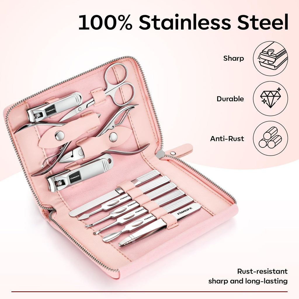 FAMILIFE Stainless Steel Manicure Set 11-in-1 Professional Nail Clipper Kit