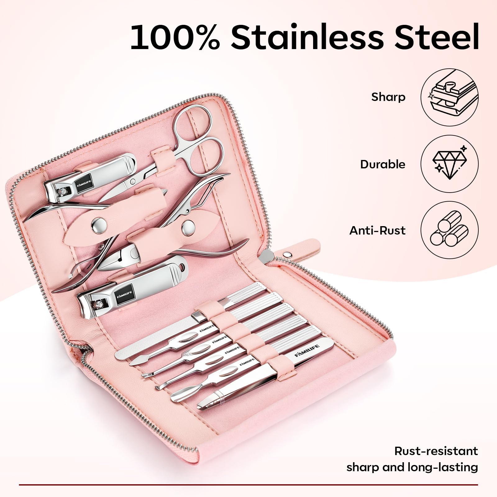 FAMILIFE Stainless Steel Manicure Set 11-in-1 Professional Nail Clipper Kit