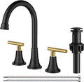 FORIOUS 8 Inch Widespread Bathroom Faucet Black and Gold, 2 Handle Mix Color Rv Matte Black and Brushed Gold Bathroom Sink Faucet 3 Hole, with 360° Rotating Spout, Pop-up Drain, and Supply Line