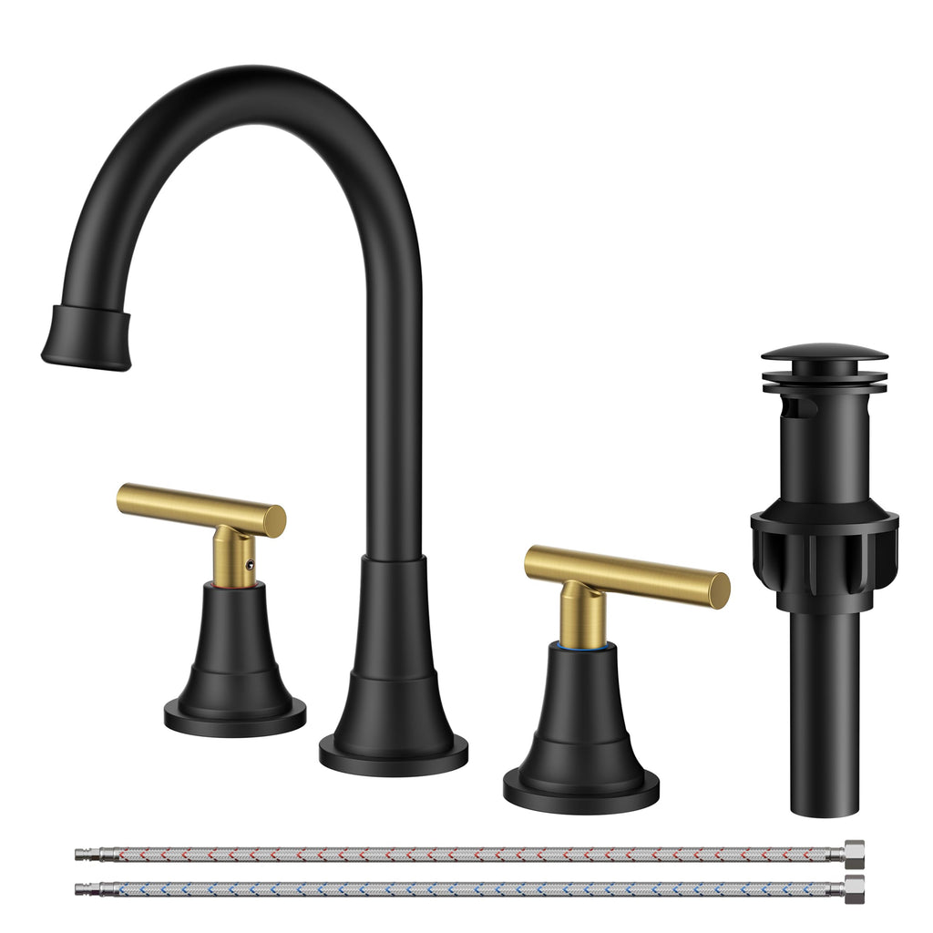 FORIOUS 8 Inch Widespread 3 Hole Bathroom Faucet Black and Gold, Mix Color