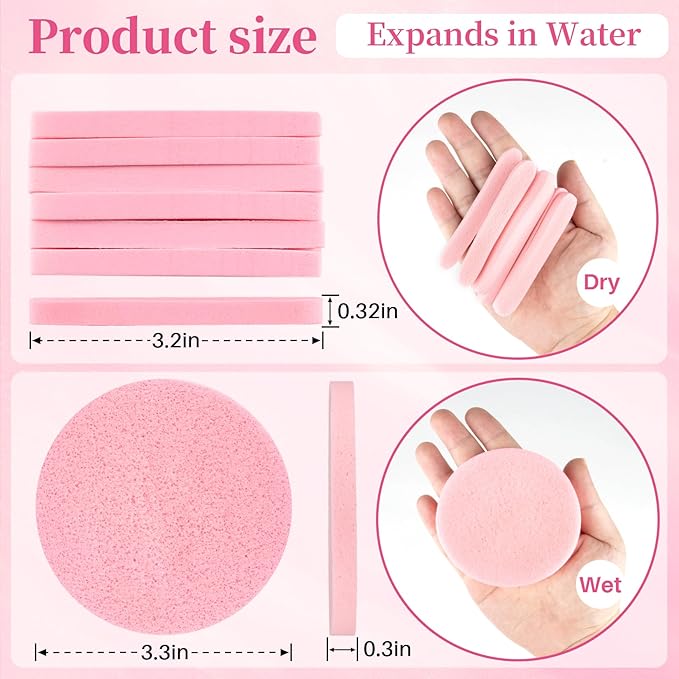 RAQEHO 60pcs Compressed Facial Sponges - Round Face Sponge Disposable Travel Facial Cleansing Pads Makeup Sponge for Face Wash Exfoliating Remover Skin Care Beauty Tool Esthetician Essential（Pink）