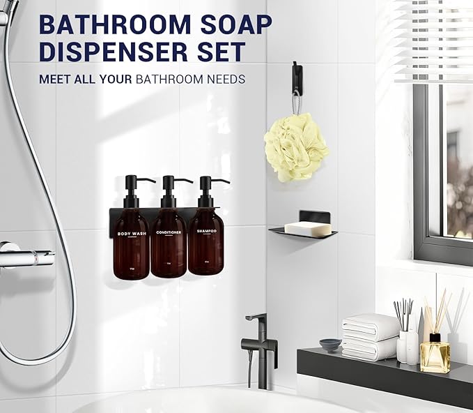 KLL Shampoo and Conditioner Dispenser - Wall Mounted Shower Soap Dispenser - 17oz No-Drill Refillable Plastic Pump Bottles for Bathroom - Includes Soap Dish & Hook (Brown)