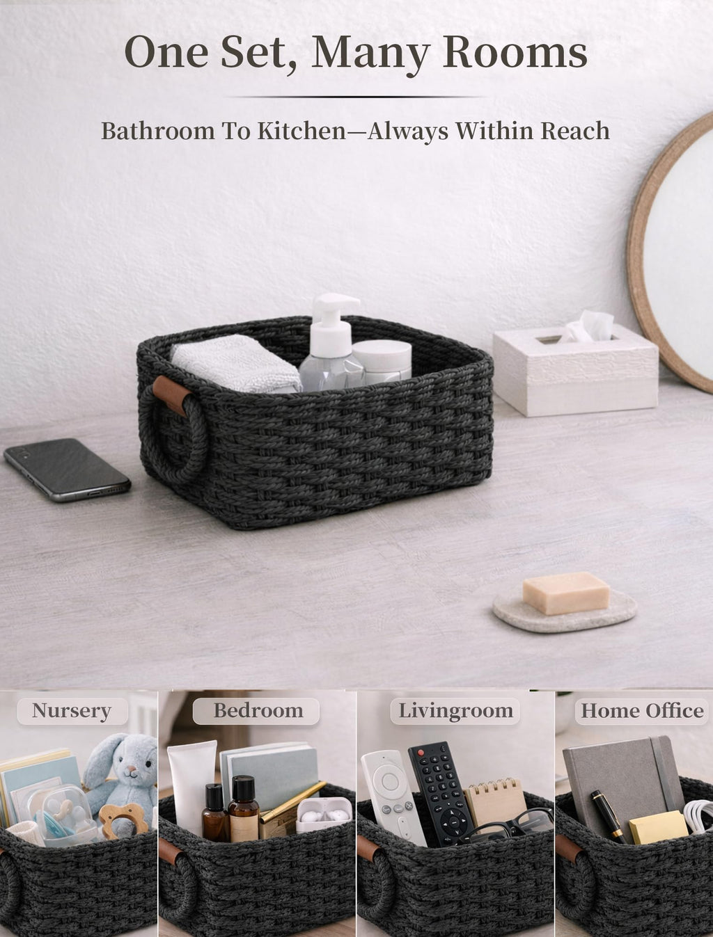 Panovox Small Wicker Baskets, 3 PCS Paper Rope Baskets for Shelves, Black