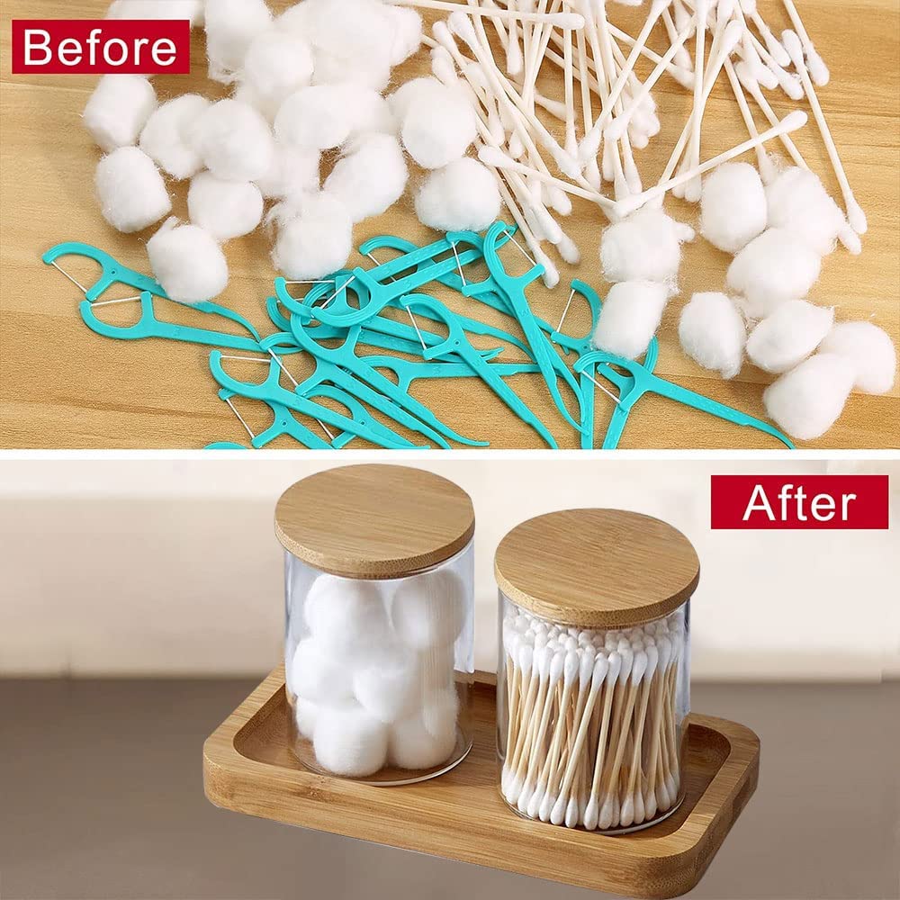 BKYFPQ Bamboo Vanity Tray, Bathroom Tray Organizer Glass Qtip Holder Dispenser Apothecary Jars for Cotton Swabs Balls, Round Pad, Perfume Candles, Cosmetics and Jewelry Storage Organizer
