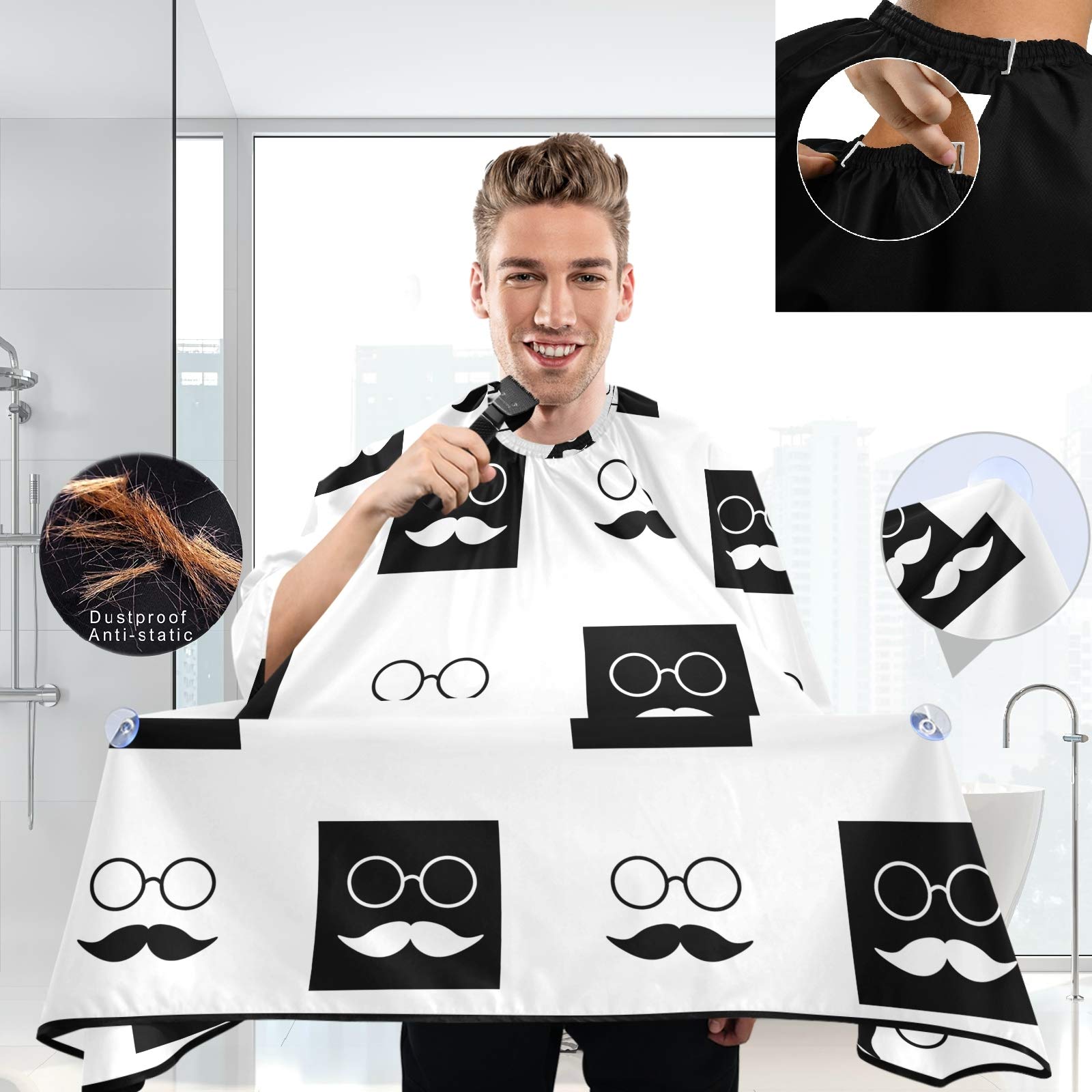 visesunny Mustache Glasses White Black Grid Barber Cape Anti-Static Hair Cutting Cape with Snap Closure Professional Salon Polyester Beard Shaving Bib Water-Resistant Hairdressing Cape Adjustable Snap