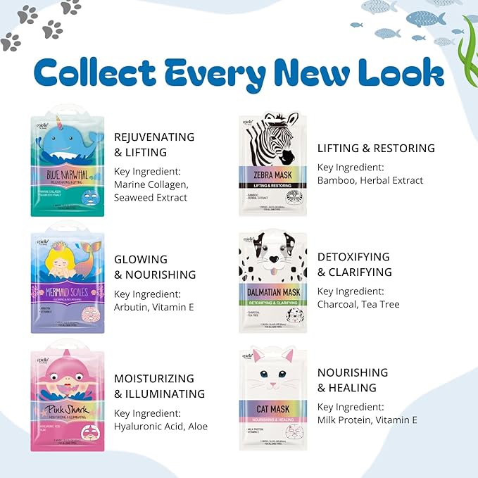 Epielle Character Face Mask Wave & Wild 6 Pack, Fun & Effective Korean Skin Care, Spa Party Favors, Birthday Gifts for Women, Self Care Gifts