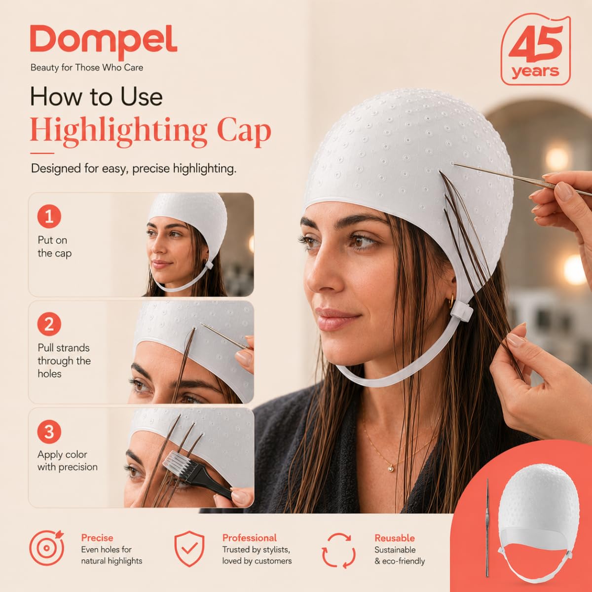 Dompel Silicone Highlight Hair Cap | Reusable Professional Silicone Cap | Special for Hair Dyeing | Model 233 CA 1 UND