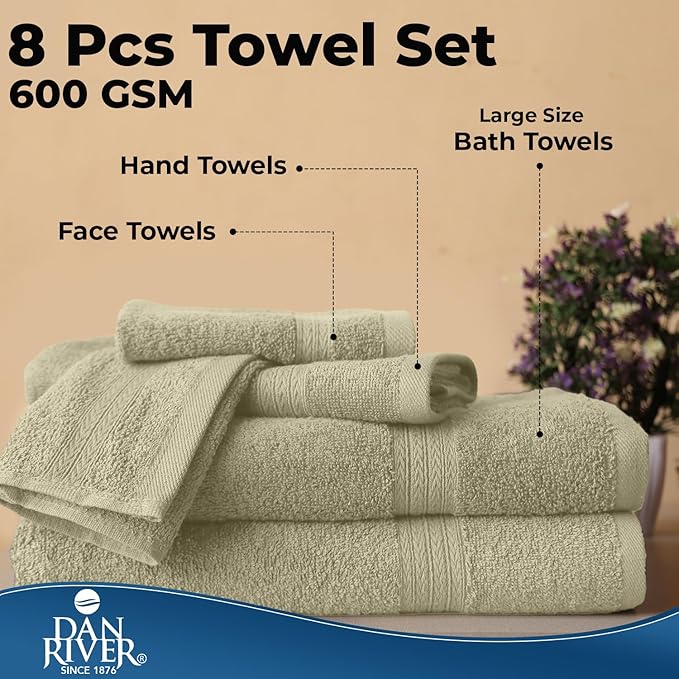 DAN RIVER 8 PC Luxury Bath Towels for Bathroom, 2 Bath, 2 Hand, and 4 Wash Cloths, 600 GSM 100% Ring Spun Cotton Towel Set, Highly Absorbent, Gym, Hotel, and Spa, Beige