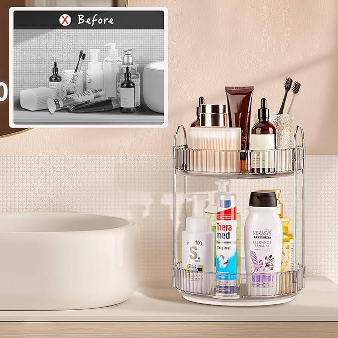Niluks 360 Rotating Makeup Organizer, 2 Tier Lazy Susan Bathroom Counter Organizer, Skincare Organizers, Spinning Perfume Organizer & Vanity Organizer Countertop (Classic Grey, 2 Tier)