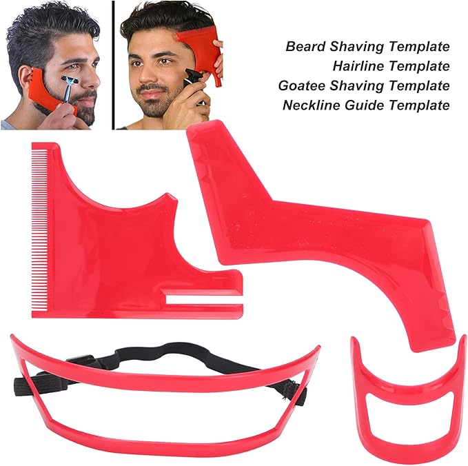 4 Pcs Red Beard Shaping Tool Kit, Plastic Beard Template Set Barber Supplies Set for Men Hairline Neckline & Beard Grooming Styling Beard Trimming Tools