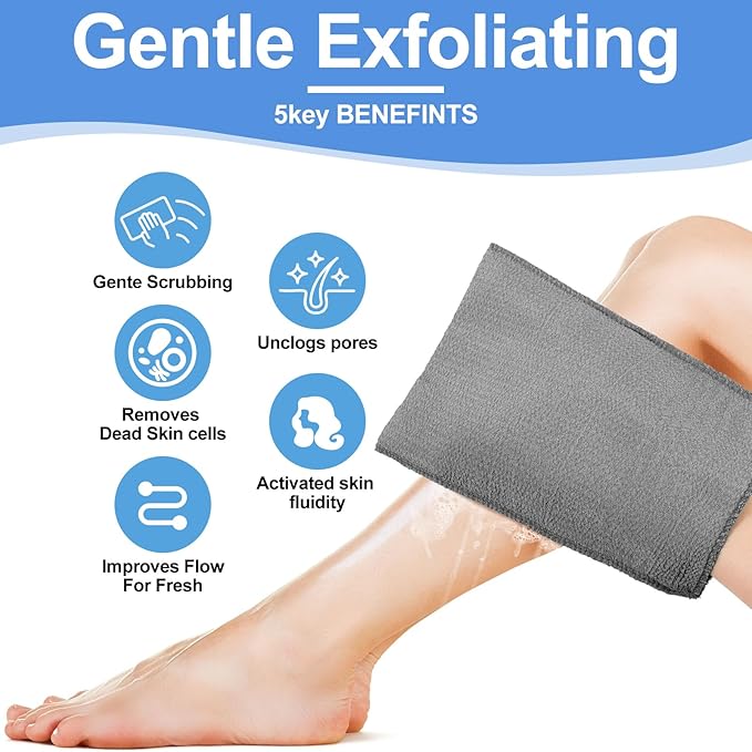 Tatuo 12 Pack Korean Exfoliating Mitt & Cloth, Viscose Rayon Dead Skin Remover Washcloth, Multi Color Body Scrub Towel for Shower Spa Travel(Large,White, Black, Gray)