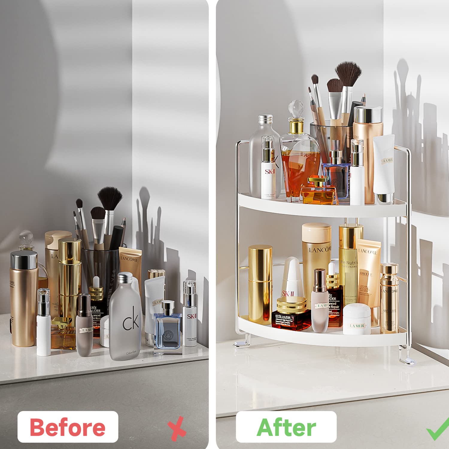 KINGNERWI 2-Tier Bathroom Counter Organizer, Vanity Corner Shelf, Silver