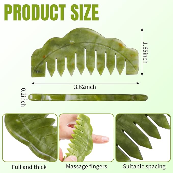 Geiserailie 2 Pcs Jade Combs Esthetician Supplies Massage Stone Hair Gua Sha Scraping Scalp Comb Facial Massage Tool Handheld Head Tools Head Caring Therapy Mother's Day for Women(Plain Style)