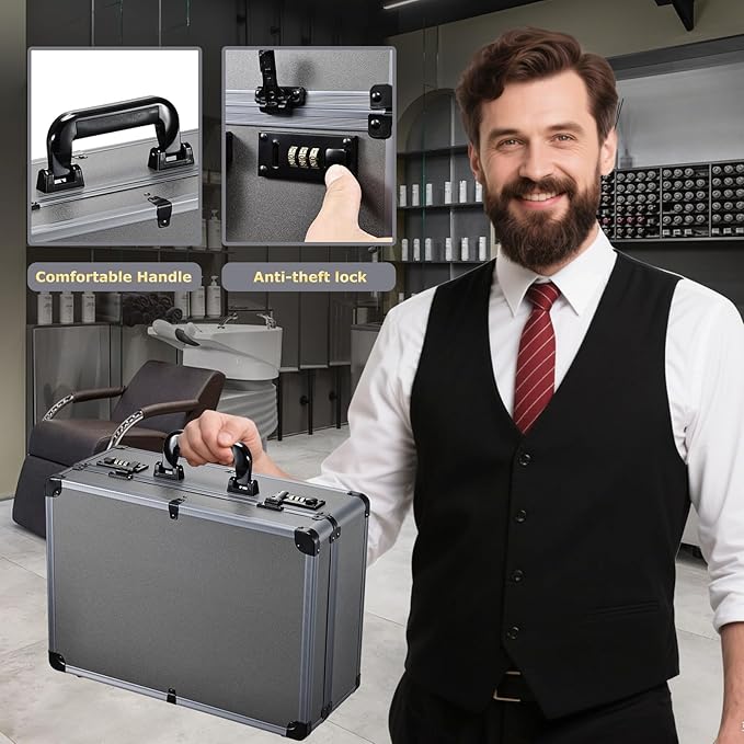 Yueieoun Professional Barber Case with Barber Clipper Tray Organizer, 6 Adjustable Clipper Slots & 8 Shear Holders, Portable Barber Carrying Case for Hair Tools & Supplies with Combo Locks