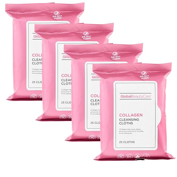 Global Beauty Care Collagen Cleansing Facial Towelettes, Makeup Remover, Nourishing Face & Eye, Hypoallergenic, Paraben-Free, Non-Comedogenic, Hydrates & Smooths Skin, 25 Wipes, 100 Count 4 Pack