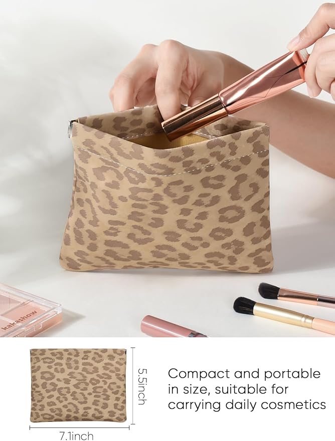 Ksriylm Leopard Leather Small Makeup Pouch for Women,Cosmetic Accessories,Waterproof and Portable Cosmetic Bag,Self-closing, No Zipper, Aesthetic Storage Pouch,Lipstick for Purse,Camel Color