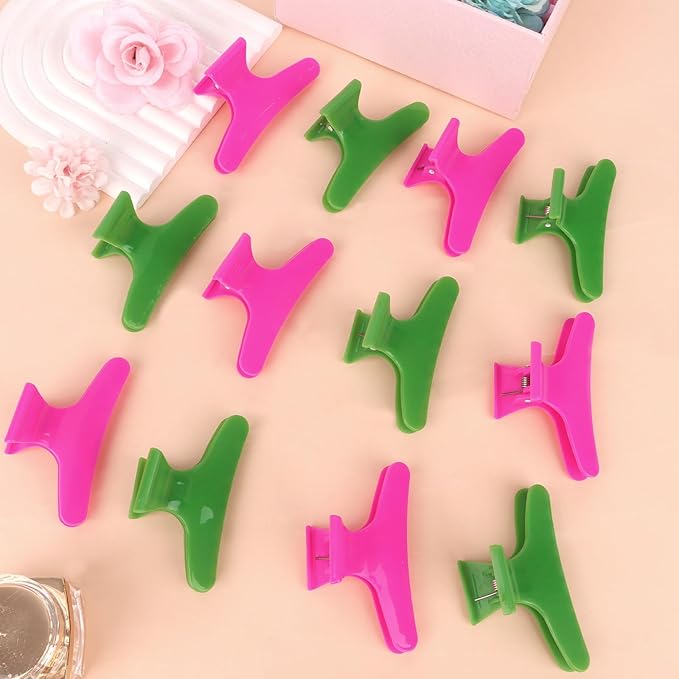 BAHABY Hair Clips for Styling Sectioning 12 Pack Green Hot Pink Butterfly Clamps Hair Claw Clips Pro Salon Hair Clips for Styling, Sectioning, Cutting and Coloring
