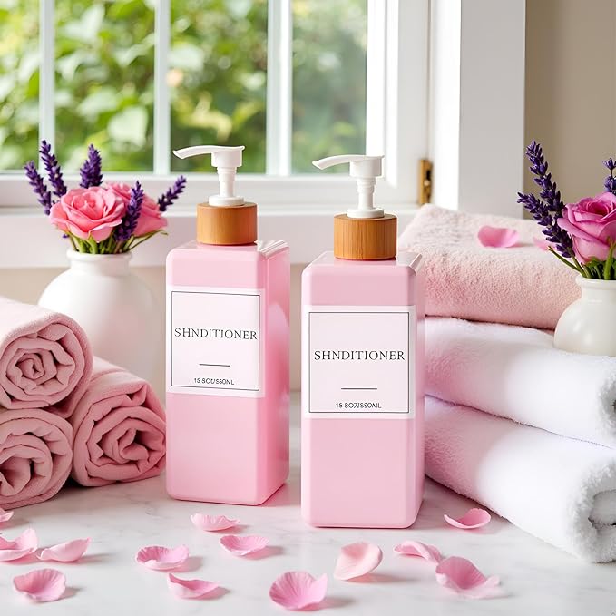 Shampoo and Conditioner Dispenser for Shower, Refillable Shampoo and Conditioner Bottles Body Wash Dispenser with Waterproof Labels, 3PCS Soap Dispenser Bathroom Pink White Empty Pump Bottle